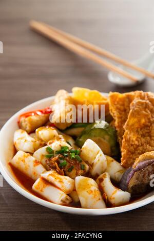 Chee Cheong Fun or Rice Noodle with sesame and sweet sauce served with yong tau foo Stock Photo