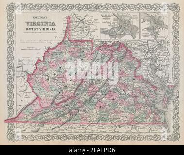 Colton's Virginia & West Virginia. Antique state map. Richmond Norfolk 1869 Stock Photo