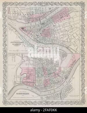 Pittsburgh/Allegheny, Pennsylvania. Cincinnati, Ohio city plans COLTON 1869 map Stock Photo