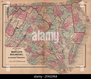 J. H. Colton's map of Maryland, Delaware, and Eastern Virginia 1864 old Stock Photo