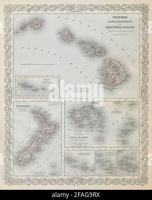 Pacific Islands. Hawaii New Zealand Fiji Tonga Polynesia Samoa. COLTON 1869 map Stock Photo