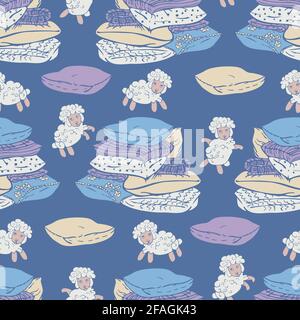Vector seamless pattern with sheeps jumping over stack of pillows in night sky. Design for sleepwear or textile. Stock Vector