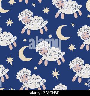 Vector seamless pattern with sheeps in night sky. Design for sleepwear or textile for bedroom. Stock Vector