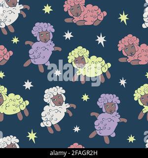Vector seamless pattern with sheeps in night sky. Design for sleepwear or textile for bedroom. Stock Vector