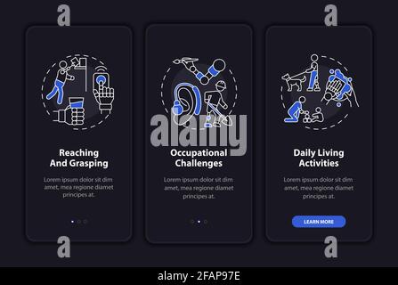 Arm prostheses tasks onboarding mobile app page screen with concepts Stock Vector