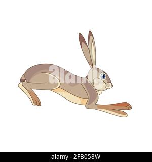 Hare running and jumping. Cartoon character of a small mammal animal. A wild forest creature with gray fur. Side view. Vector flat illustration Stock Vector