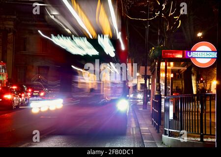 London bus at night double decker N5 moving in charing cross Stock Photo