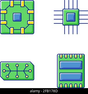 Microcircuits RGB color icons set Stock Vector