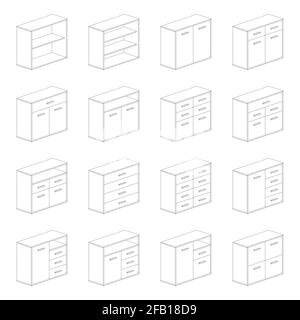 Furnitures - double cupboards, bedside, shoe, kitchen and bathroom cabinets. Different installation and montage solutions, pictogram types. Stock Vector