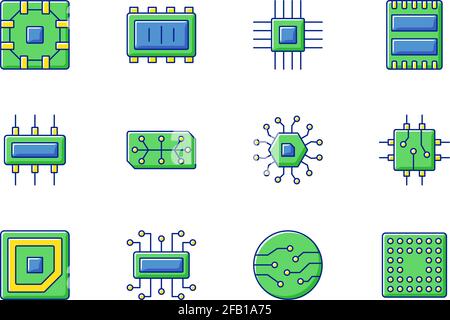 Microcircuits RGB color icons set Stock Vector