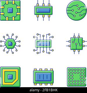 Microcircuits RGB color icons set Stock Vector