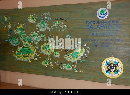 Galapagos National Park Welcome Sign, map, wood, Interpretation Center, Puerto Baguerizo Moreno, South America, Galapagos Islands, San Cristobal, Ecua Stock Photo