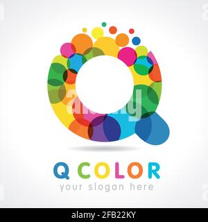 Letter Q colored logotype. Isolated colour concept. Stained glass colored modern template. Clouds and bubbles with multicolored bunch. Soft shape bran Stock Vector