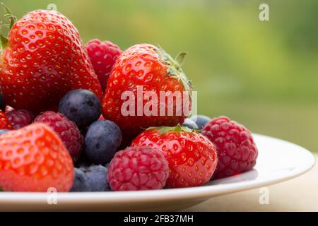 Pile od strawberries, blueberries, raspberries on green background Stock Photo
