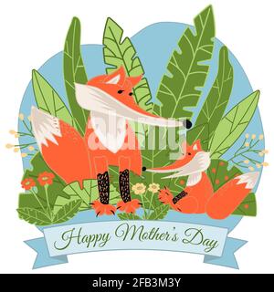 Mothers day.Mom fox with cub fox on green grass isolated on white background. Mother's day card with cute animals and lettering. Vector drawing Stock Vector