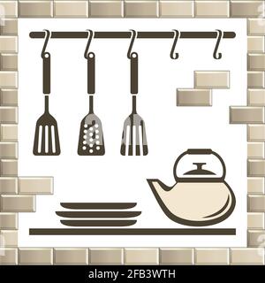 Vintage vector set of kitchen equipment symbols isolated on white. Flat cartoon graphic silhouettes of tea pot, kettle, pan spoon, plates icons in bri Stock Vector