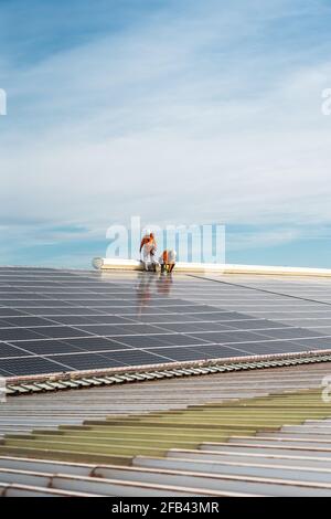 Unrecognizable solar panel technicians working a Spanish factory Stock Photo