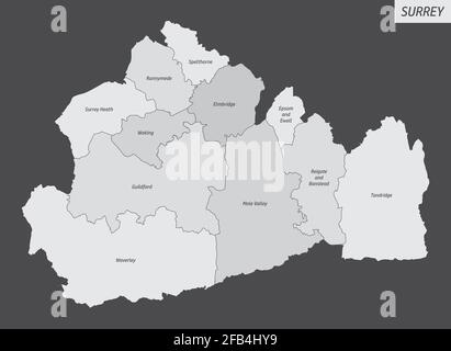 The Surrey county, isolated map divided in districts with labels, England Stock Vector
