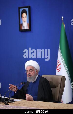 Tehran, Iran. 21st Apr, 2021. Iranian President HASSAN ROUHANI speaks ...