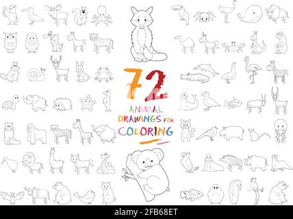 Set of 72 Animal Drawings for Coloring Stock Vector