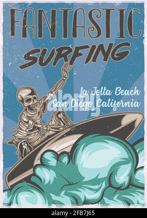 T-shirt or poster design with illustration of skeleton on surfing board Stock Vector