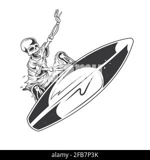 Skeleton surfer on the surf board ride the wave. Vector illustration ...