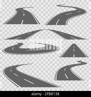 Winding curved road or highway with markings. Direction road, curve road, highway road, road transportation illustration. Vector set Stock Vector