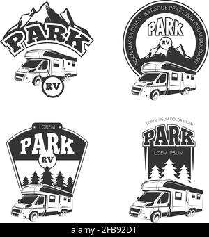 Set of monochrome camper van car logo, emblems and badges isolated on ...
