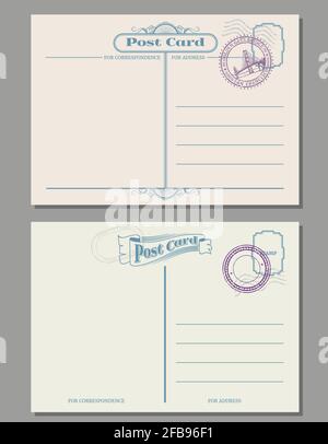 Travel vintage blank postcard with rubber stamps. Vector template. Card postcard, post blank card, travel vintage postcard, stamp mail, message postca Stock Vector