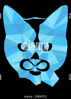 Mosaic of serious cat in blue hues isolated on the black background, decoration on glass Stock Vector