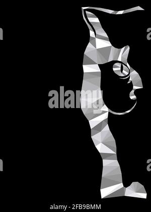 Mosaic of serious cat muzzle in monochrome colors isolated on the black background, decoration on glass Stock Vector