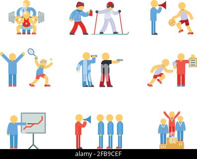 Sport coaching and sport training icons in flat design. Training team with exercise and training shooting and weightlifting. Vector illustration Stock Vector