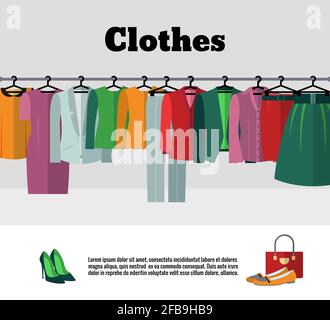 Clothes on hangers vector illustration. Fashion clothe store or shop. Clothes textile on hanger collection in wardrobe Stock Vector