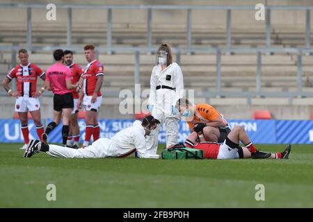 Eccles, UK. 23rd Apr, 2021. Matty Costello Receives medical attention during the game in Eccles, United Kingdom on 4/23/2021. (Photo by Richard Long/News Images/Sipa USA) Credit: Sipa USA/Alamy Live News Stock Photo