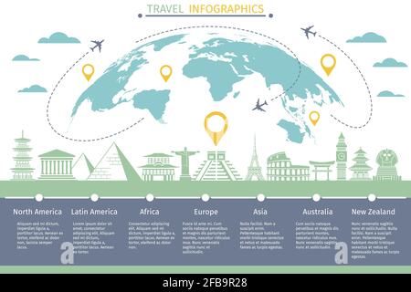 Vector tourists flight travel infographics with world map and landmarks icons. Travel landmark place infographics, geography world for travel and jour Stock Vector
