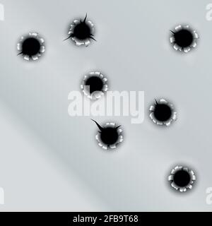 Bullet hole vector set. Holes from bullets of pistol gun in metal surface illustration Stock Vector