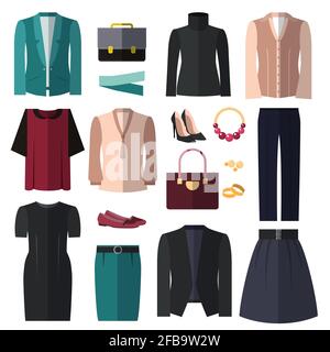 Businesswoman clothes and accessories vector set. Elegance fashion clothe for business style. Clothing dress for business lady illustration Stock Vector