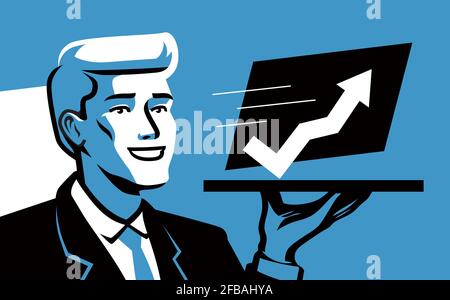Business growth concept. Businessman and arrow up. Success, career development vector illustration Stock Vector