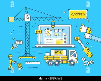 Web application development process. Internet mobile development app, computer app interface development. Vector illustration Stock Vector