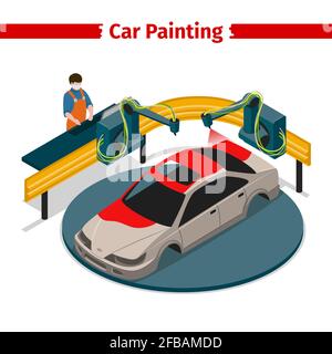 Car painting automatic line 3d isometric. Painting service automobile, garage for transport painting. Vector illustration Stock Vector