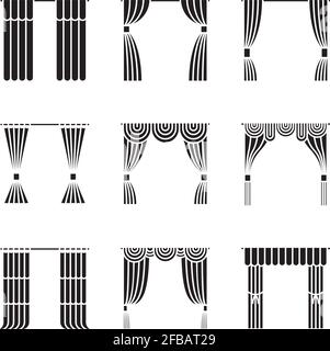 Curtain icons. Vector black curtains set. Curtain design element and isolated curtain for cinema illustration Stock Vector