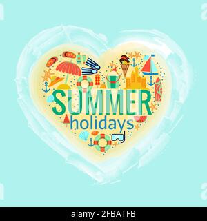 Summer holidays heart poster with summer accessories surfing board and ice cream, recreation and tourism. Vector illustration Stock Vector