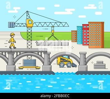 Bridge construction site. Bridge under construction thin line. Bridge architecture construction and road highway work construction structure. Vector i Stock Vector