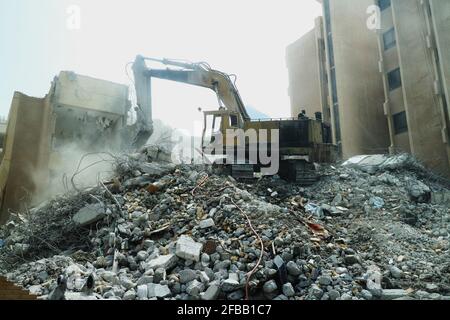 Pile of mangled scrap rebar collected from demolition site for recycling Stock Photo