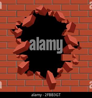 Exploding out hole in red brick wall vector illustration. Construction surface brickwall and broken hole in structure brick wall Stock Vector