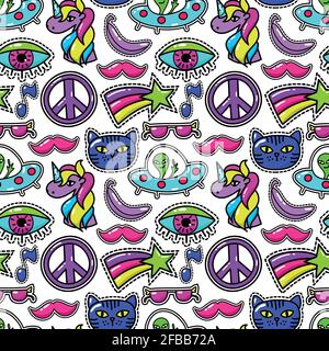 Cute vector fashioned patches with eye and pink mustache, sunglasses and rainbow star. Vintage fashion stitching sticker background illustration Stock Vector