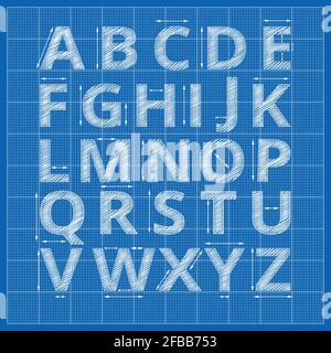 Blueprint alphabet. Vector drafting blueprint paper letters. Sketch alphabet artistic with arrow measurement illustration Stock Vector