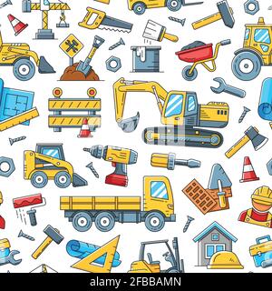 Construction tools and machinery seamless pattern. Machinery for construction industry, machine construction vector illustration Stock Vector