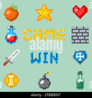 Pixel games icons for web, app or video game interface. Object for game heart bottle and fruit, set of gaming pixel objects. Vector illustration Stock Vector