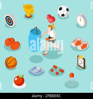 Isometric sport lifestyle and fitness flat 3d vector concept. Set of icons basketball and football illustration Stock Vector